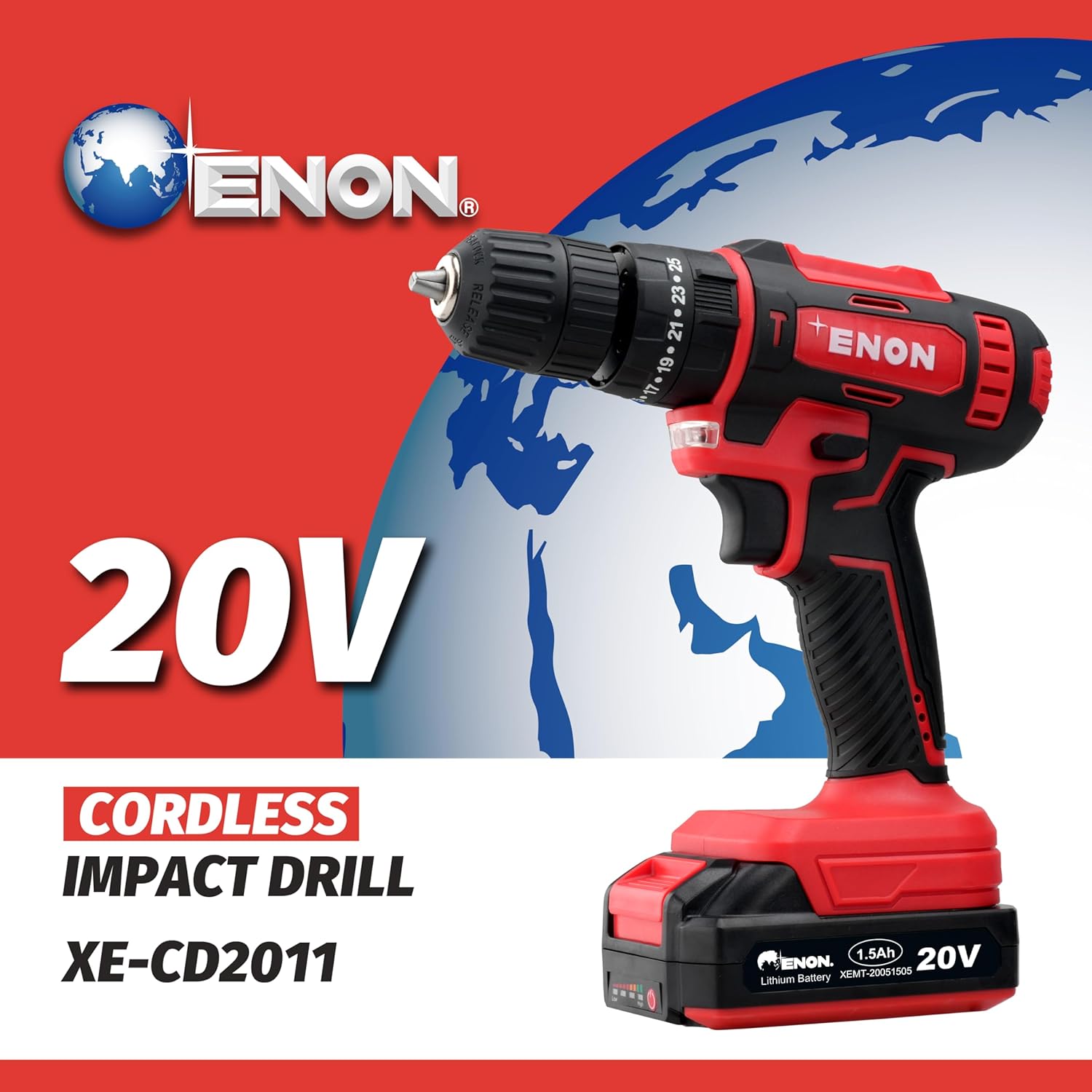 Enon Cordless Impact Drill for Home Use, 20V, 1500Rpm, Keyless Chuck 10mm, 25 Level Torque, F/R Trigger, 2 Modes, 2X1.5Ah Batteries, Drill Kit for Wood, Metal, Concrete - 6 Month Warranty (XE-CD2011) Enon Cordless Impact Drill for Home Use, 20V, 1500Rpm, Keyless Chuck 10mm, 25 Level Torque, F/R Trigger, 2 Modes, 2X1.5Ah Batteries, Drill Kit for Wood, Metal, Concrete - 6 Month Warranty (XE-CD2011)